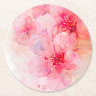 Pink Petal Elegance Watercolor Round Paper Coaster