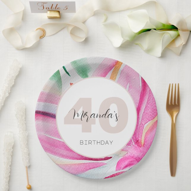 Pink Petal Floral Watercolor Monogrammed Paper Plate (Wedding)