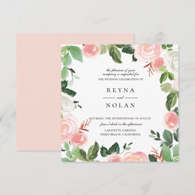Pink Petal Greenery Frame Wedding Invitation (Front/Back)