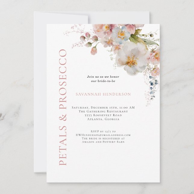 Pink Petals and Prosecco Floral Bridal Shower Invitation (Front)
