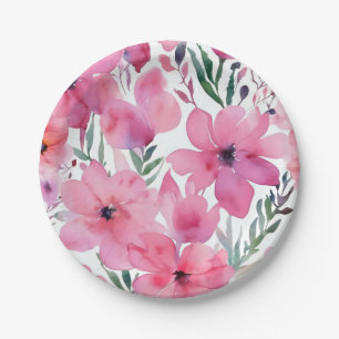 Pink Petals   Watercolor Floral Painted Flowers Paper Plate