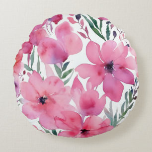 Pink Petals   Watercolor Floral Painted Flowers Round Cushion