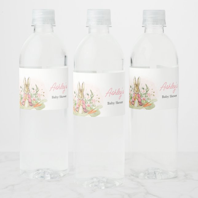 Pink Peter Rabbit Baby Shower  Water Bottle Label (Bottles)