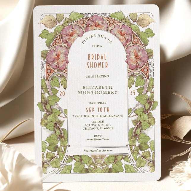 Pink Petunia Bridal Shower Art Nouveau Deco Invitation (Creator Uploaded)