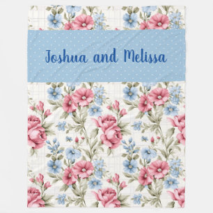 Pink Petunias and Sky Blue Daisies - Polka Dots  Fleece Blanket