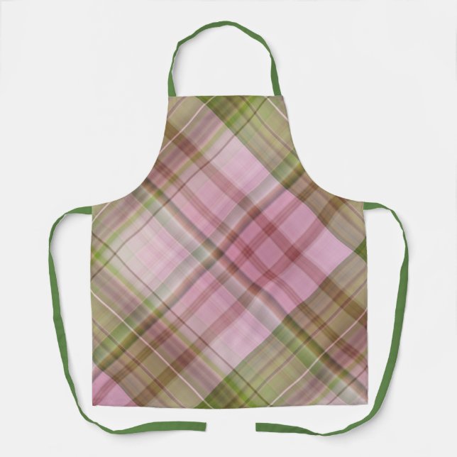 Pink Petunias Pink and Green Plaid Apron (Front)