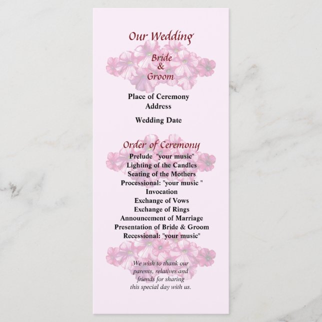 Pink Petunias Wedding Program Programme (Front)