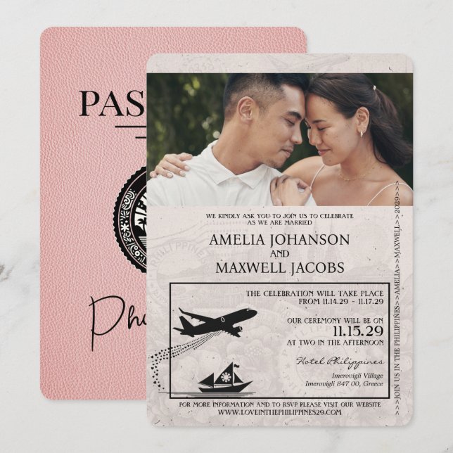 Pink Philippines Passport Wedding Invitation (Front/Back)