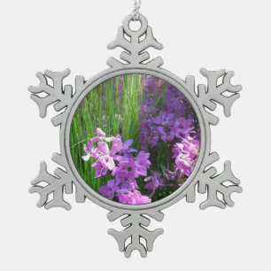 Pink Phlox and Grass Summer Floral Snowflake Pewter Christmas Ornament
