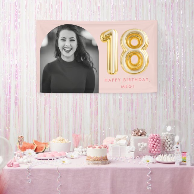 Pink Photo 18th Birthday Gold Balloon Banner (Party)