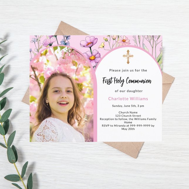Pink photo arch florals First Communion invitation (Creator Uploaded)