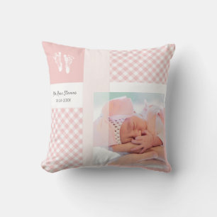 Pink Photo Birth Announcement Gingham Footprints Cushion