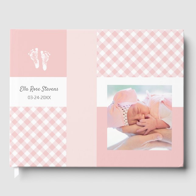 Pink Photo Birth Announcement Gingham Footprints Guest Book (Front)