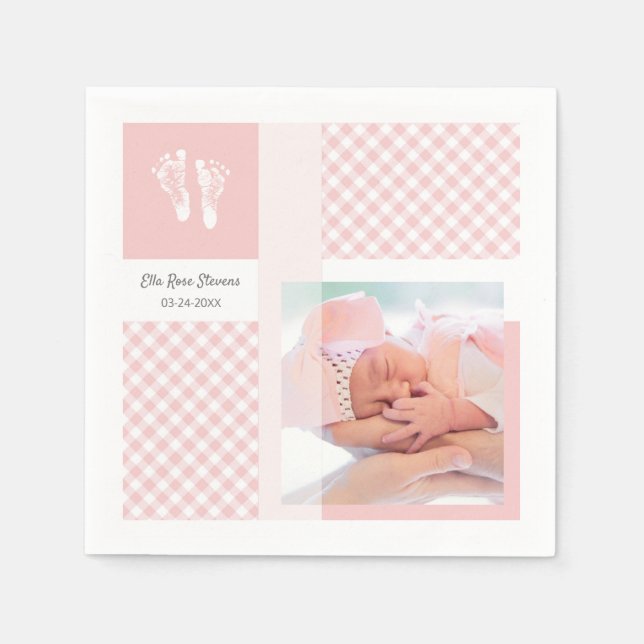 Pink Photo Birth Announcement Gingham Footprints Napkin (Front)