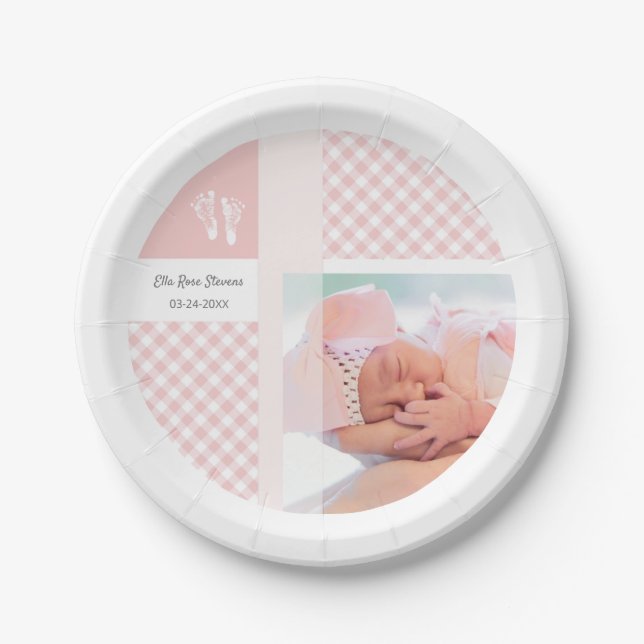 Pink Photo Birth Announcement Gingham Footprints Paper Plate (Front)
