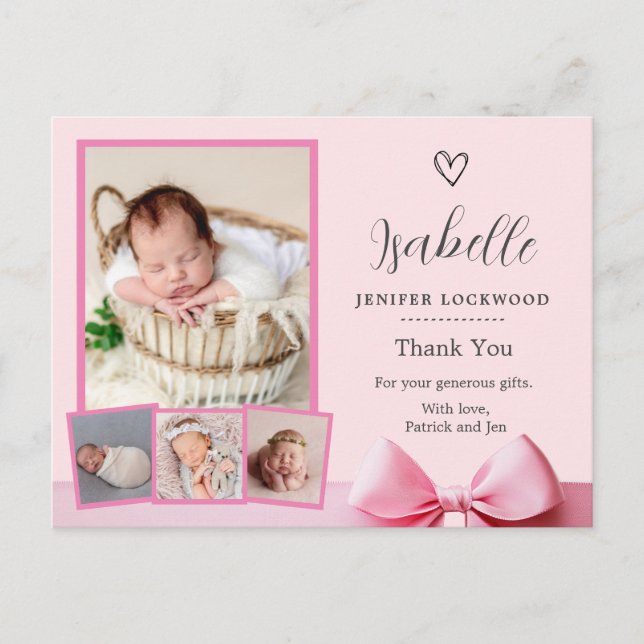pink photo birth announcement thank you card (Front)
