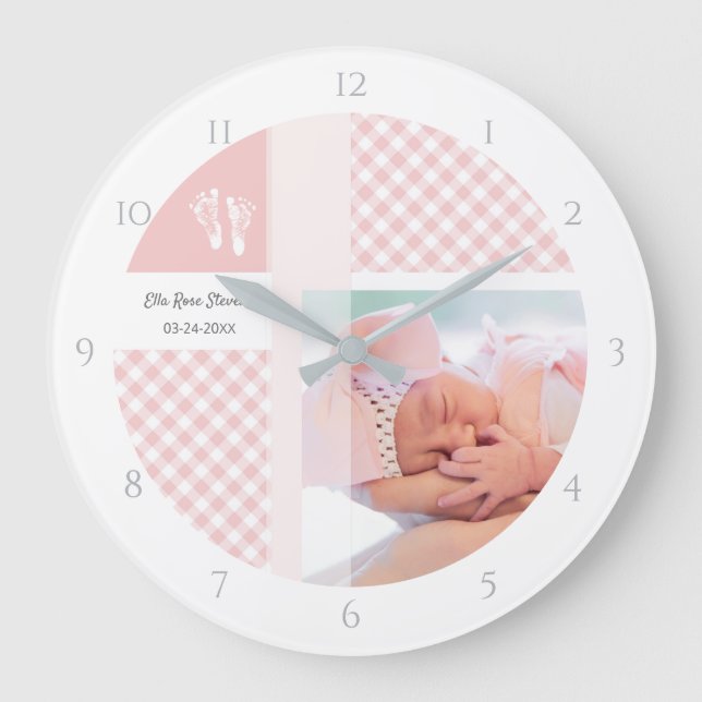 Pink Photo Birth Memento Gingham Footprints Large Clock (Front)