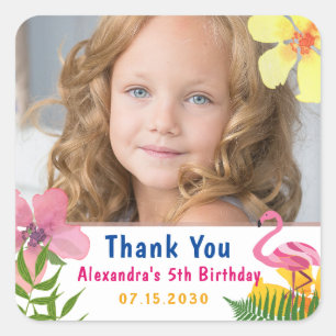 Pink Photo Birthday Thank You Square Sticker