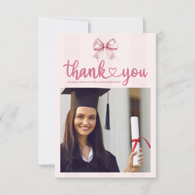 Pink Photo Blush Bow Graduation Party Thank You Card (Front)