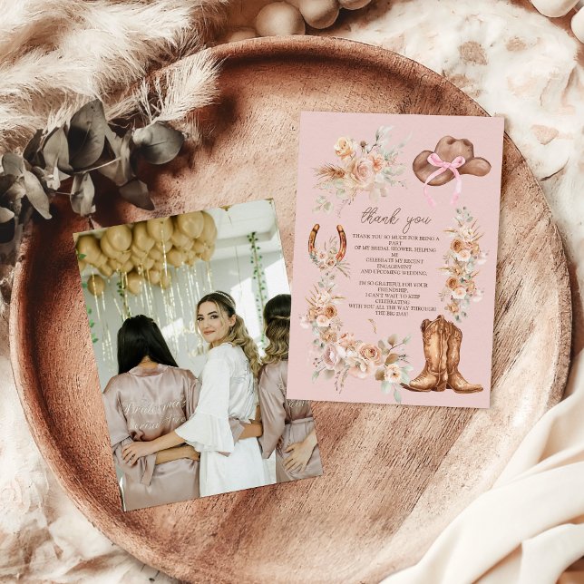 Pink Photo Boho Floral Western Bridal Shower Thank You Card (Creator Uploaded)