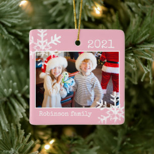 Pink Photo Border White Snowflakes Holiday Ceramic Ornament