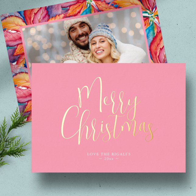 Pink Photo Christmas Cards Customisable Online (Pink photo Christmas cards unique watercolor poinsettia art by Victoria Grigaliunas)