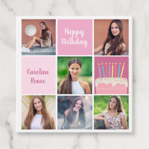 Pink Photo Collage Custom Women's Birthday Party Favour Tags