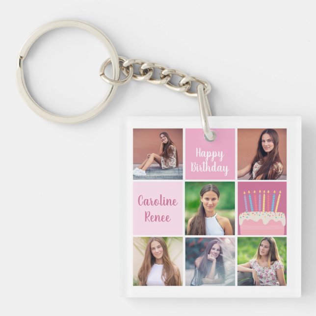 Pink Photo Collage Custom Women's Birthday Party Key Ring (Front)