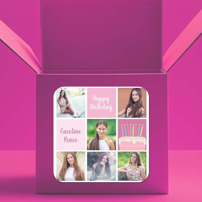 Pink Photo Collage Custom Women's Birthday Party Square Sticker (Creator Uploaded)