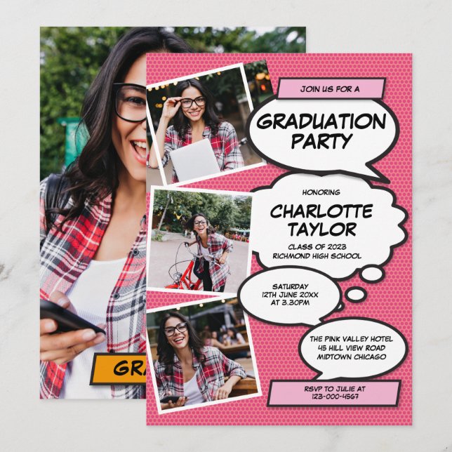 Pink Photo Collage Modern Fun Graduation Party Invitation (Front/Back)