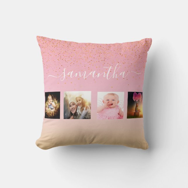Pink photo collage rose gold monogram cushion (Front)