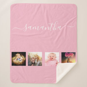 Pink photo collage script monogram sherpa blanket