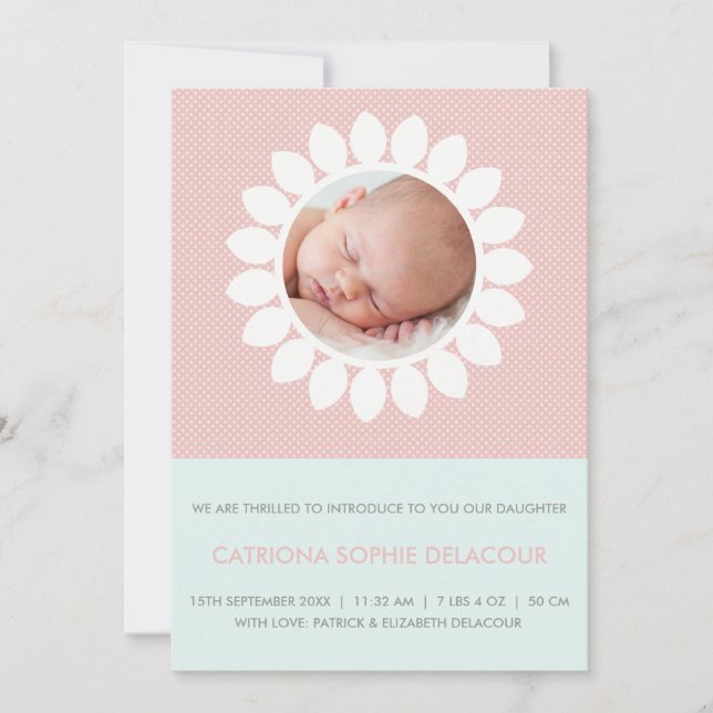 Pink Photo Cut Out Floral Baby Girl Birth Announcement (Front)