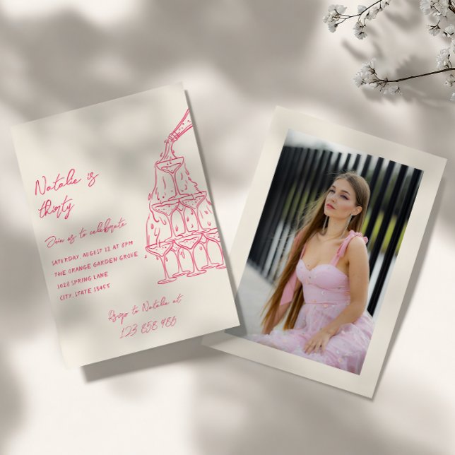 Pink Photo Drawn Champagne Tower Thirty Birthday  Invitation (Creator Uploaded)