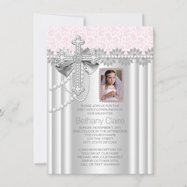 Pink Photo First Communion Lace Cross Invitation (Front)