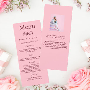 Pink photo fun facts birthday menu card