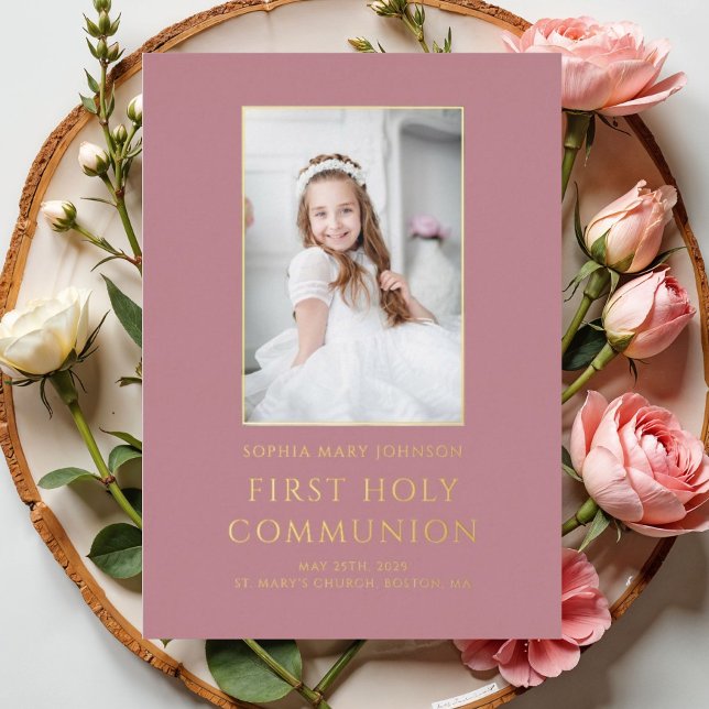 Pink Photo Girl First Holy Communion Gold  (Pink Photo Girl First Holy Communion Gold Foil Invitation)