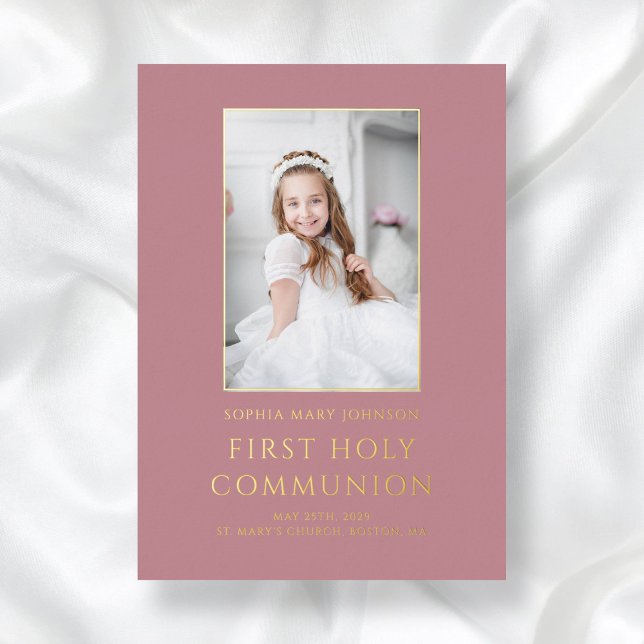 Pink Photo Girl First Holy Communion Gold  (Pink Photo Girl First Holy Communion Gold Foil Invitation)
