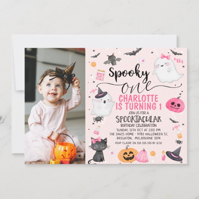Pink Photo Girls Spooky One Halloween 1st Birthday Invitation (Front)