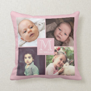 Pink photo girly monogramed collage cushion