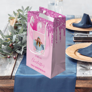 Pink photo glitter drips girl small gift bag