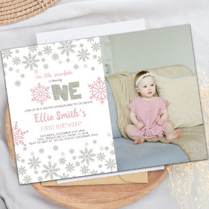 Pink Photo Glitter Winter ONEderland Birthday Invitation