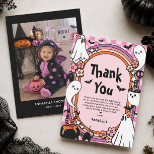 Pink Photo Halloween Birthday Party Girl  Thank You Card