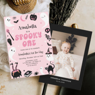 Pink Photo Halloween Spooky One 1st Birthday Invitation