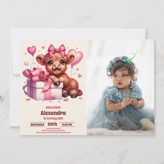 Pink Photo Holy Cow Highland  1st First Birthday Invitation (Front)