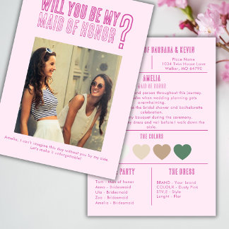 Pink Photo Maid Of Honour Proporsal Note Card