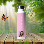 Pink photo name white water bottle<br><div class="desc">A trendy pink pastel coloured background.  Personalise and add your name and a profile photo.</div>