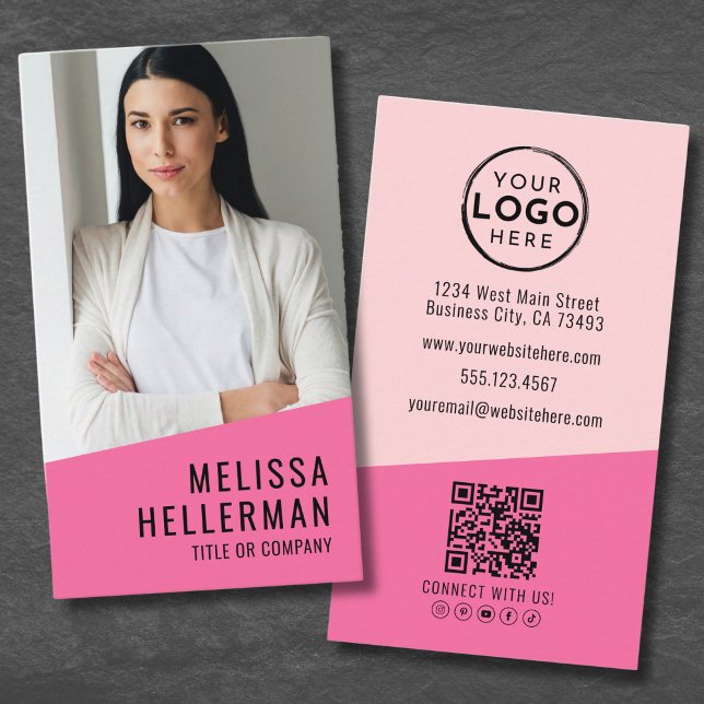 Pink Photo QR Code Company Logo Vertical Business Card (Pink Photo QR Code Company Logo Vertical Business Card)