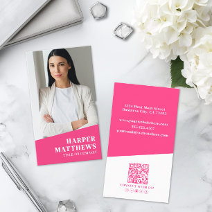 Pink Photo QR Code Vertical Business Card