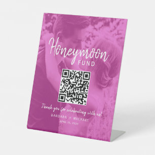 Pink Photo QR Honeymoon Fund Wedding Pedestal Sign